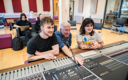L6 Music Degree Students at work alongside lecturer Paddy Craig