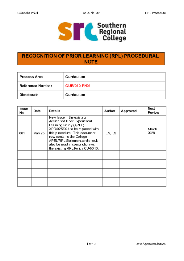 SRC OU Recognition of Prior Learning Procedural Note