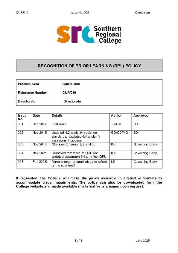 SRC Recognition of Prior Learning Policy
