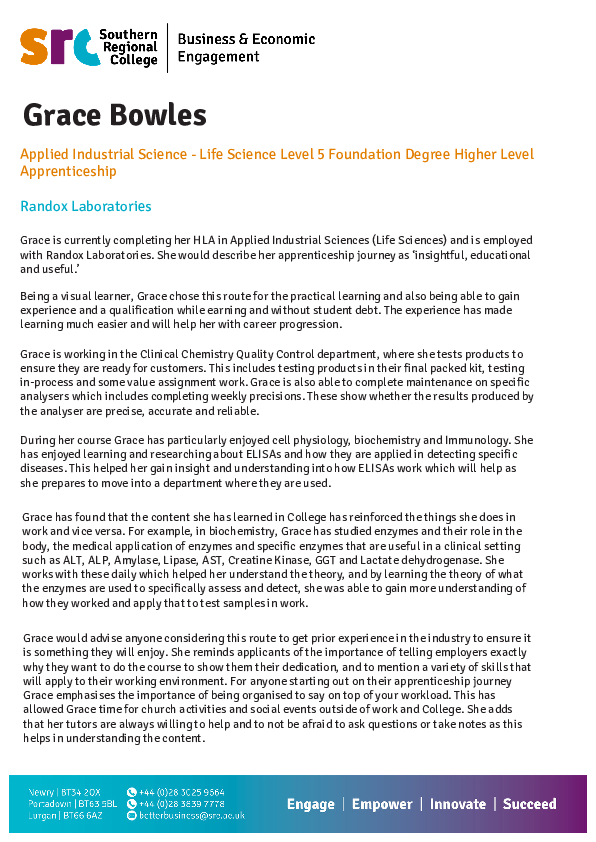 Applied Industrial Science - Life Science Level 5 Foundation Degree Higher Level Apprenticeship - Grace Bowles