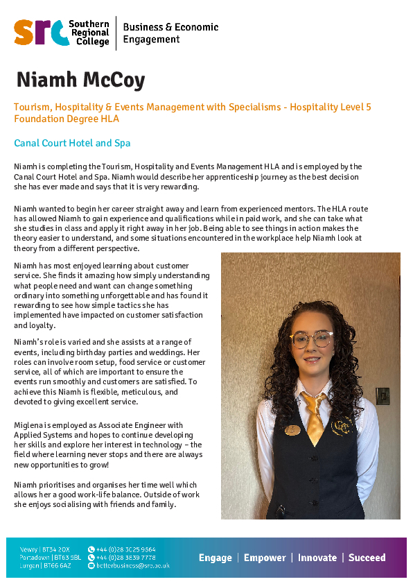 Tourism, Hospitality & Events Management with Specialisms - Hospitality Level 5 Foundation Degree HLA - Niamh McCoy