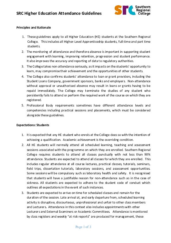 SRC HE Attendance Guidelines