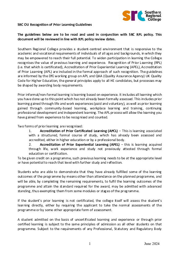 SRC OU Recognition of Prior Learning Guidelines